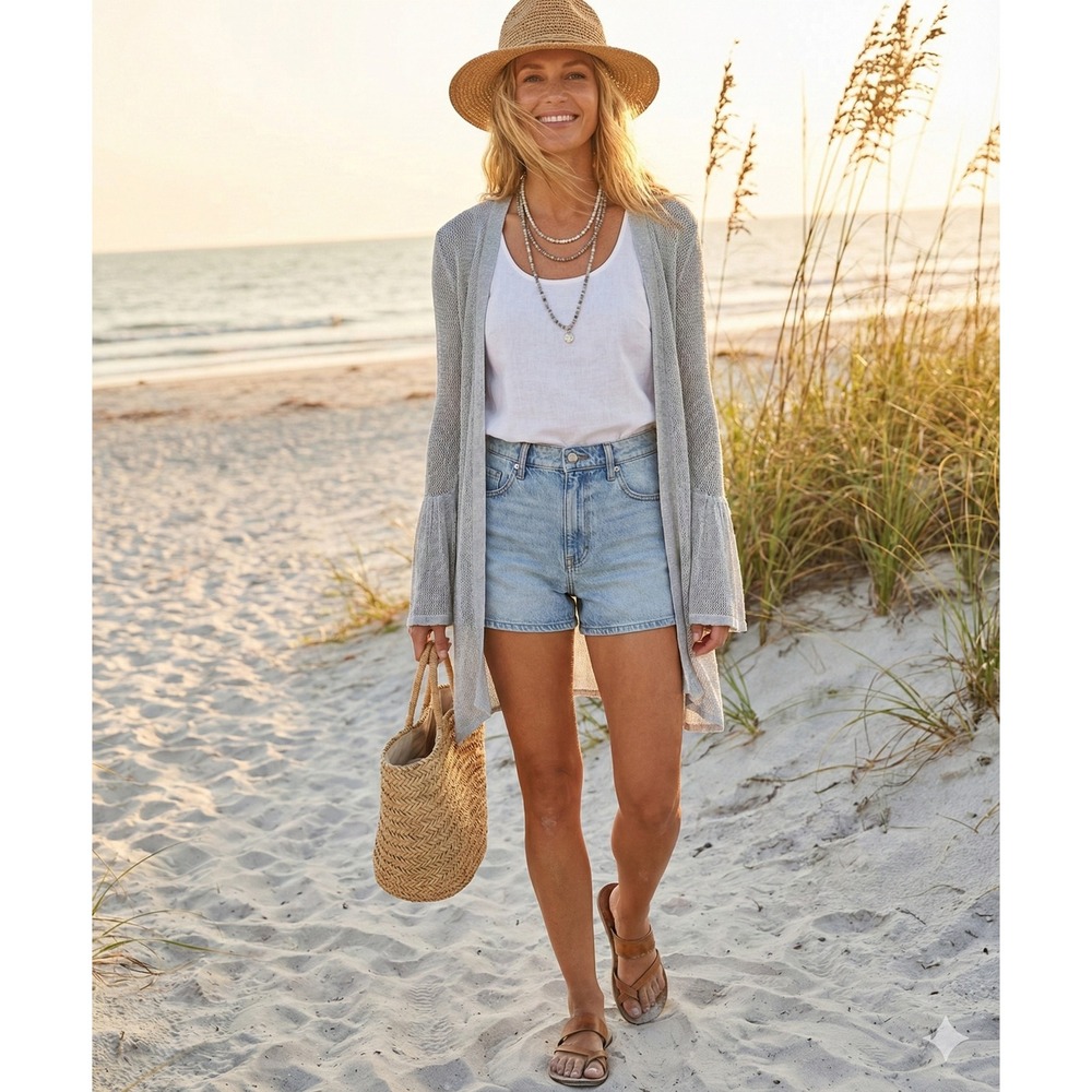Philomena Petti‎ Cardigan Womens L Gray Bell Sleeve Open Knit Longline Layering